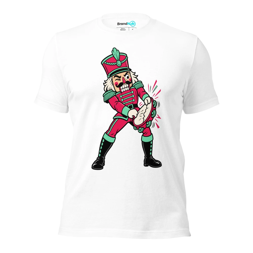A nutcracker soldier attempting to crack a tambourine T Shirt White Front