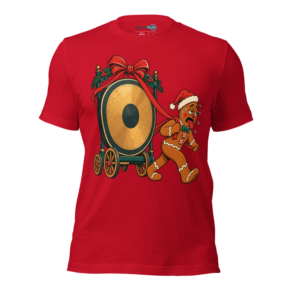 Gingerbread musician dragging a huge gong on a ribbon T Shirt Red Front