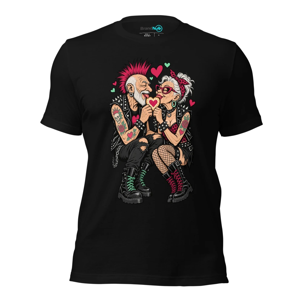 Two elderly punk musicians sharing a heart shaped biscuit T-SHIRT