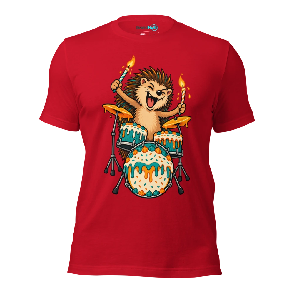 A hedgehog using birthday candles as tiny drumsticks T Shirt Red Front