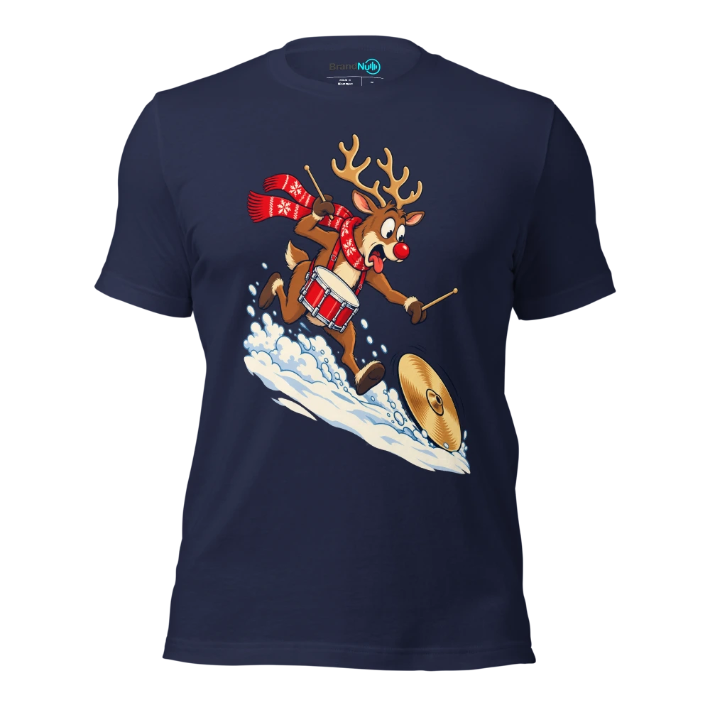 Reindeer drummer chasing a cymbal down a snowy hill T Shirt Navy Front