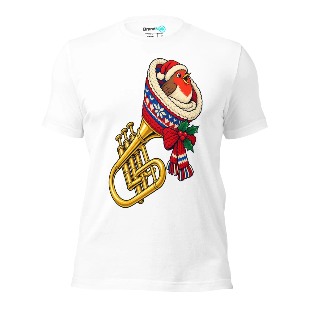 A robin nesting inside a warm wool covered trumpet bell T Shirt White Front