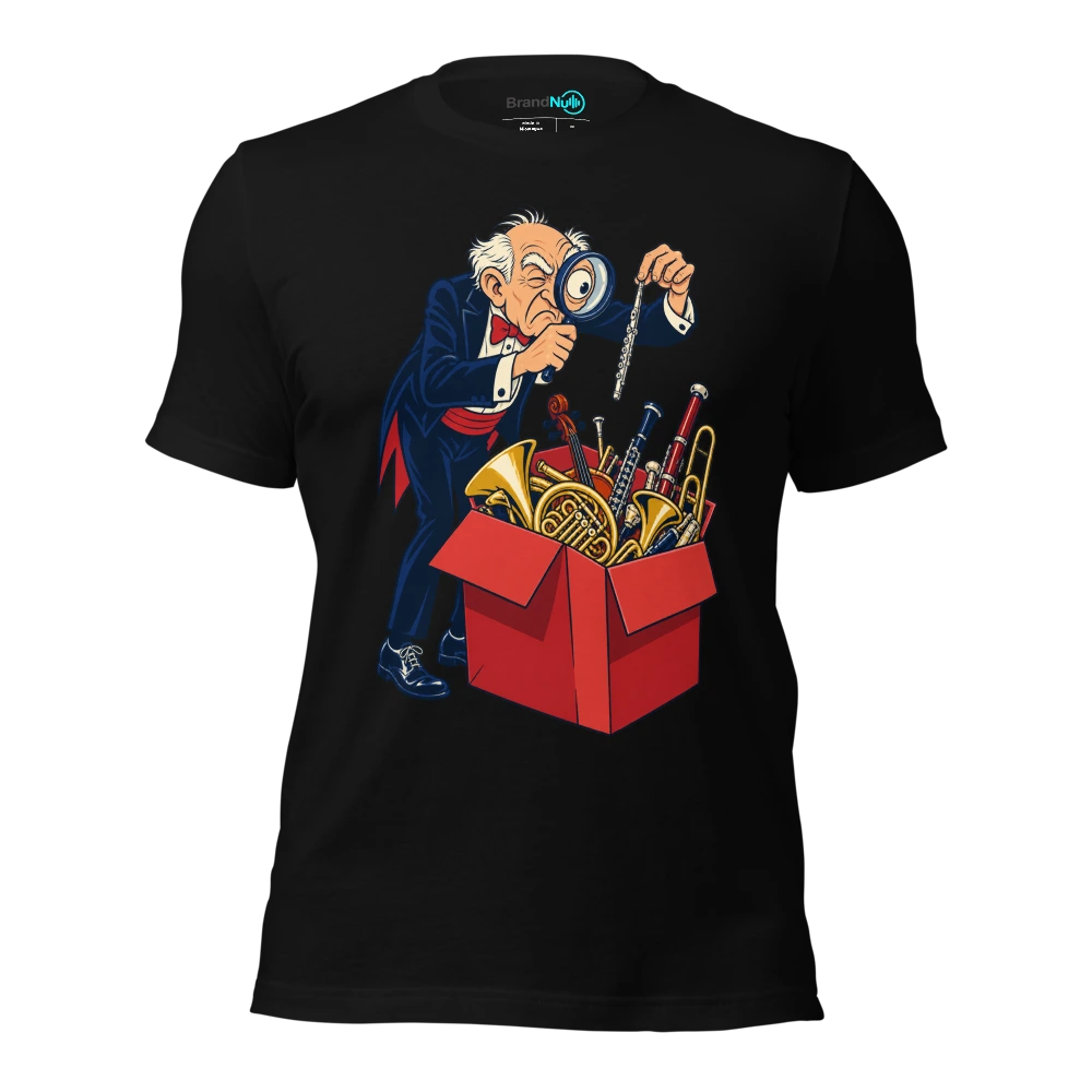 Older musician using a magnifier to find a piccolo in a large box T-SHIRT
