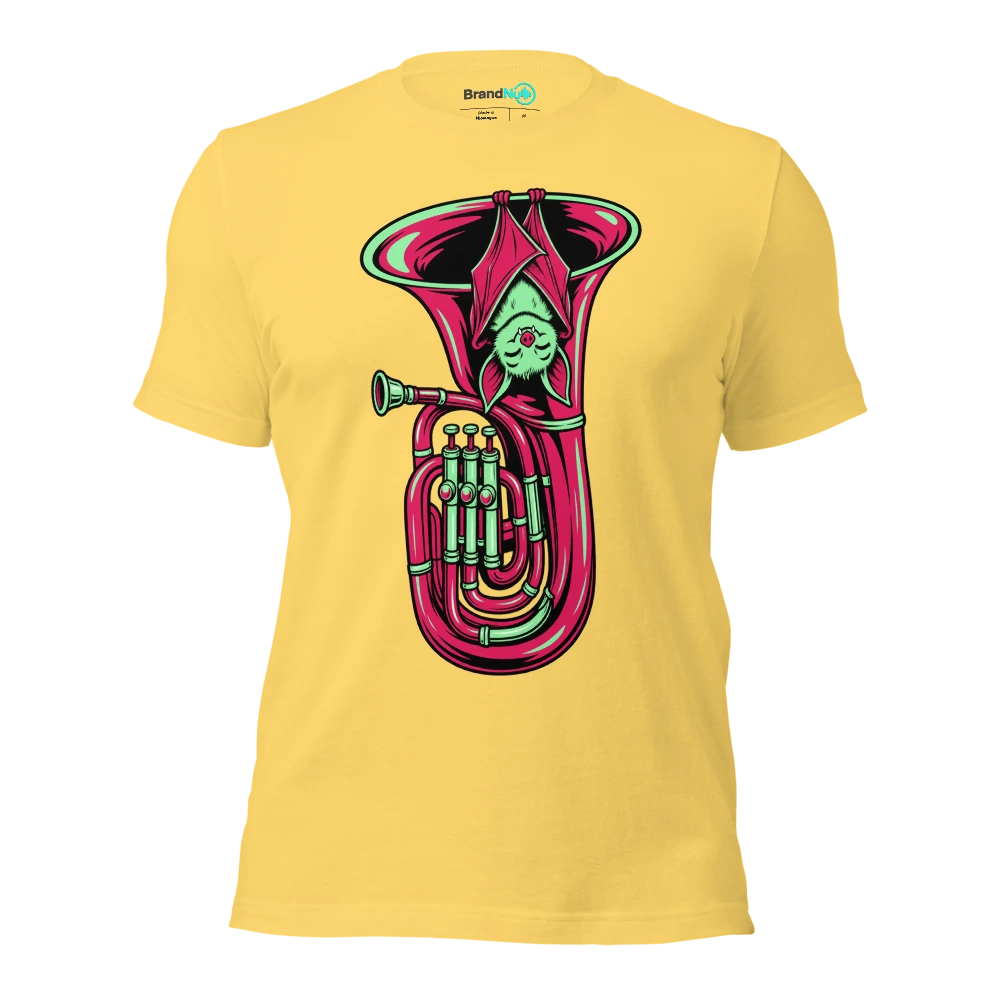 A bat sleeping upside down inside a tuba bell T Shirt Yellow Front