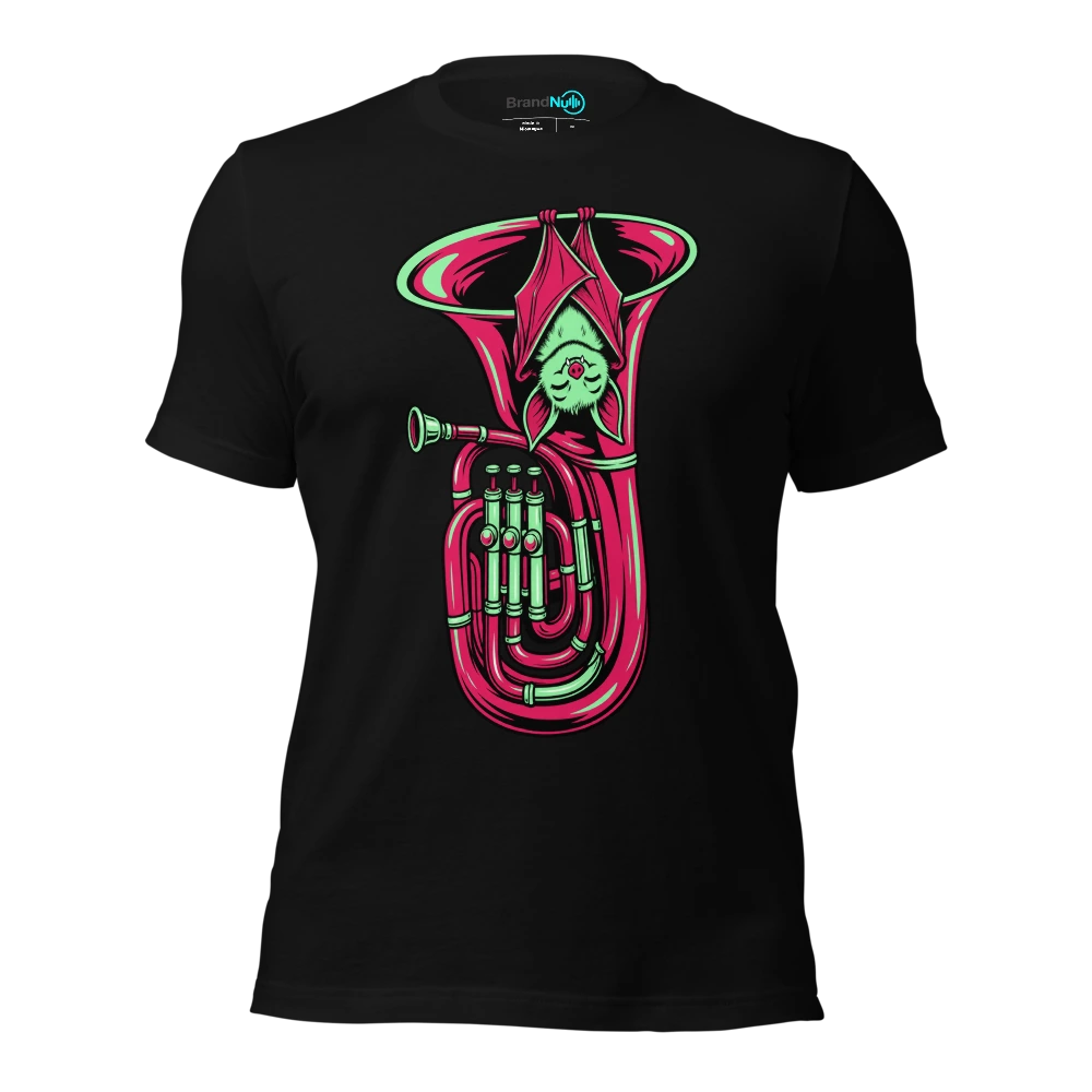 A bat sleeping upside down inside a tuba bell T Shirt Black Front