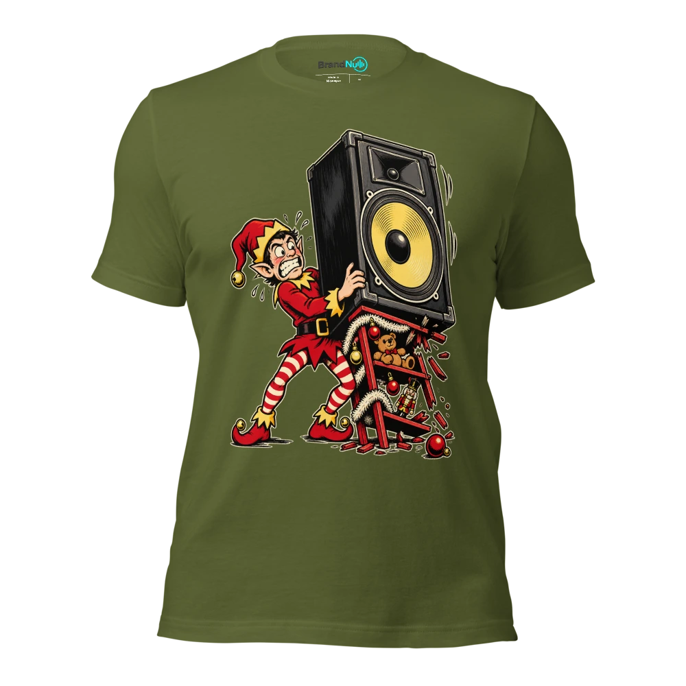 THE ELF SHELF IS A SPEAKER STAND T Shirt Olive Front