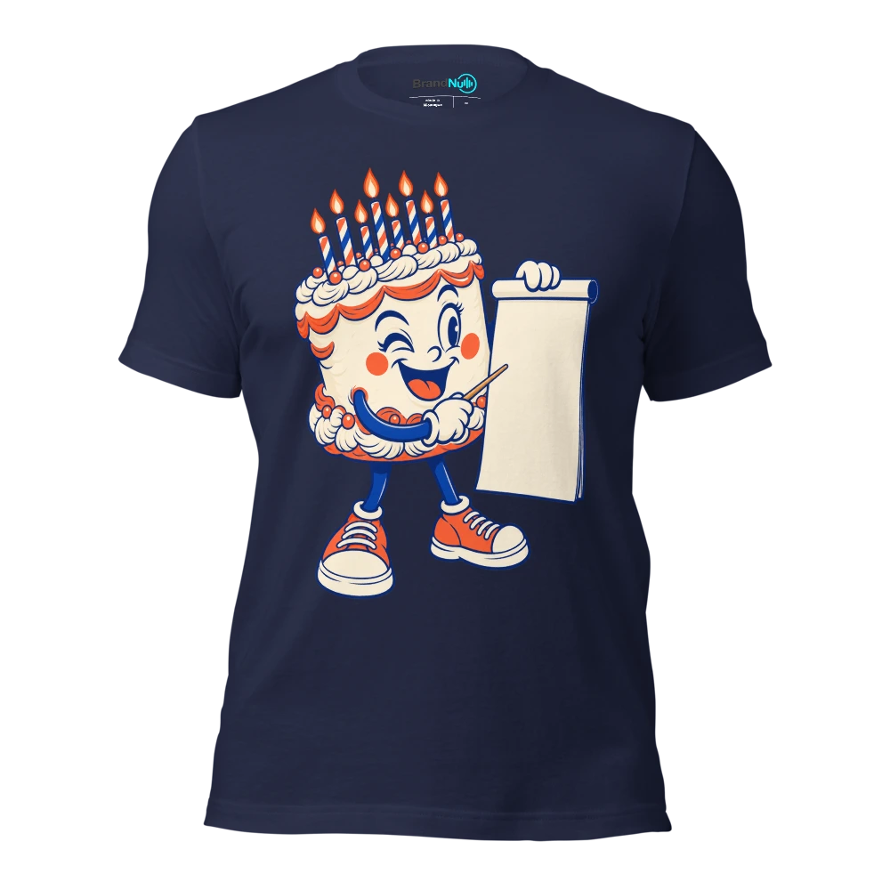 Cake mascot holding a tiny wooden baton and a blank chart T Shirt Navy Front