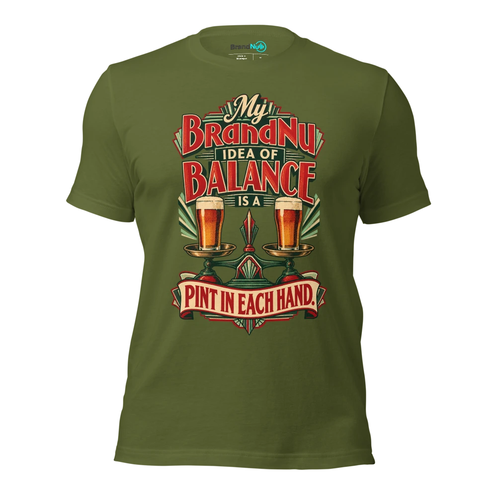 My BrandNu idea of balance is a pint in each hand T Shirt Olive Front