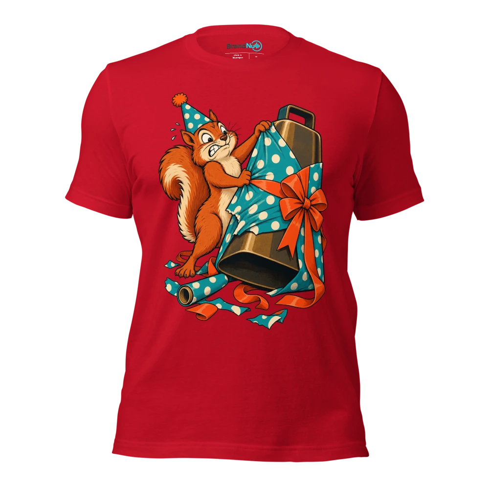 Birthday squirrel struggling to wrap an enormous cowbell T Shirt Red Front