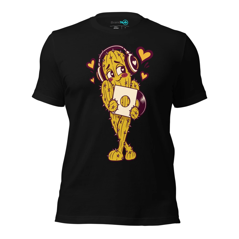 A bashful cactus wearing headphones and offering a blank record sleeve T-SHIRT