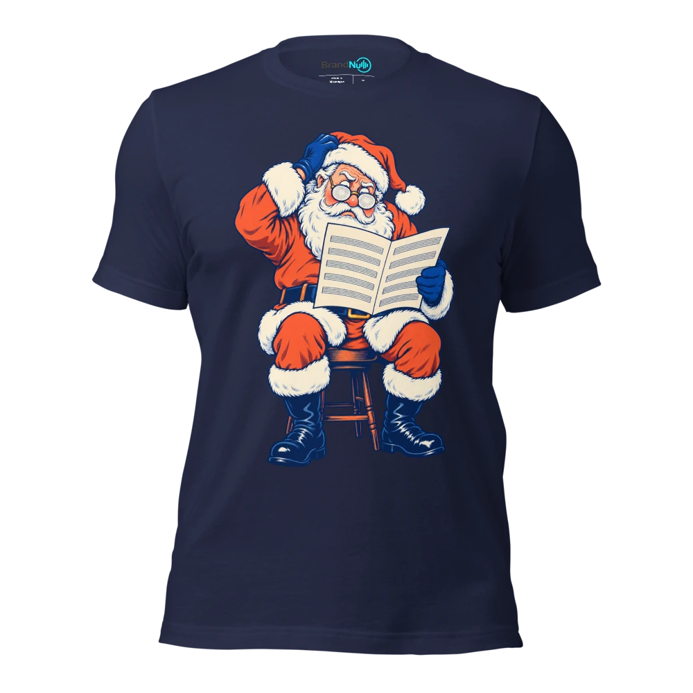 Santa reading blank sheet music through frosted glasses T Shirt Navy Front