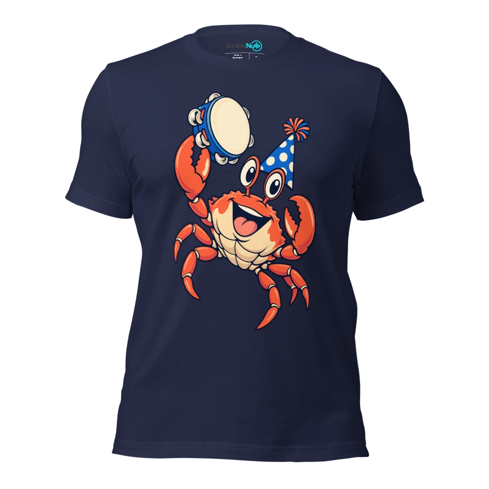 A crab proudly presenting a birthday tambourine T Shirt Navy Front