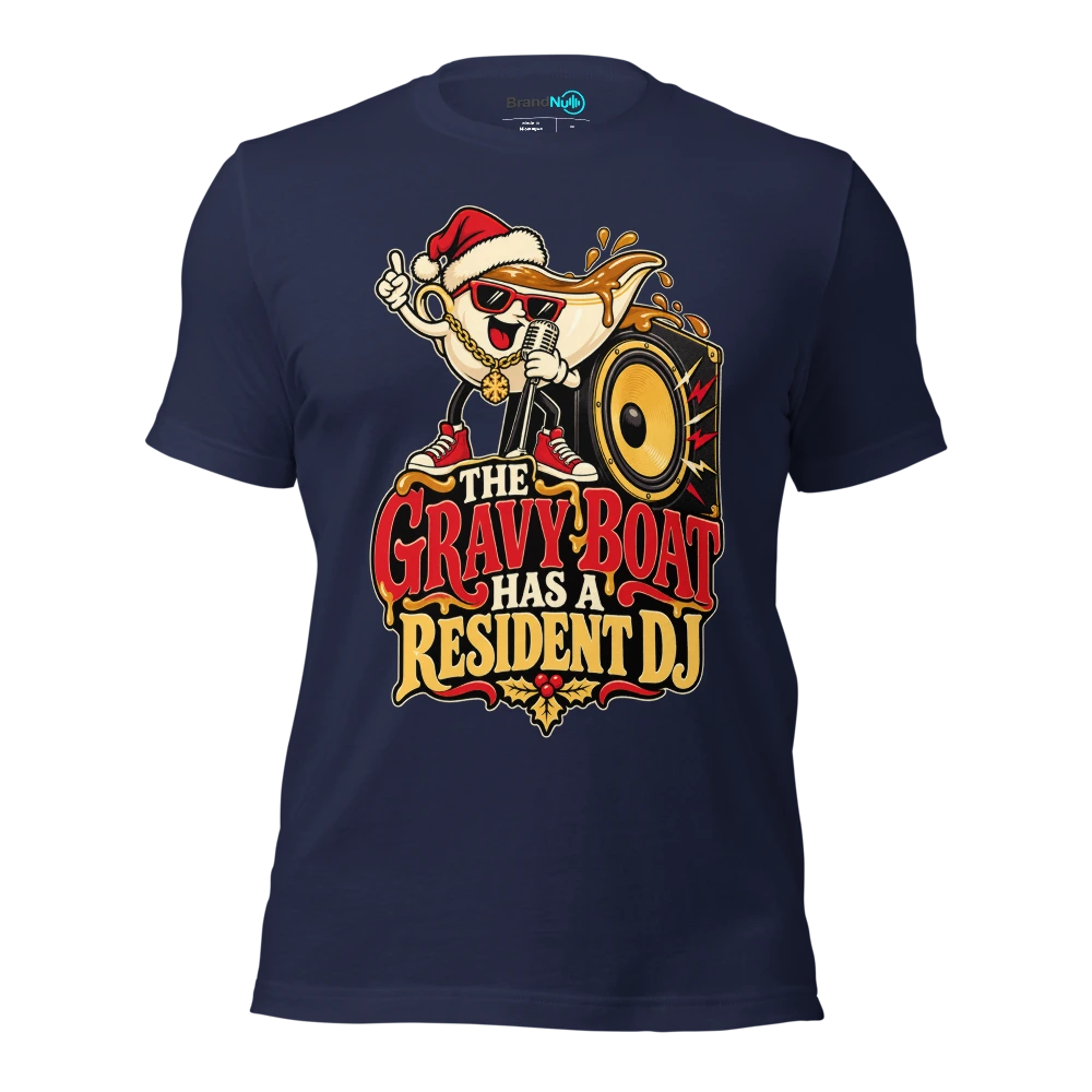 THE GRAVY BOAT HAS A RESIDENT DJ T Shirt Navy Front