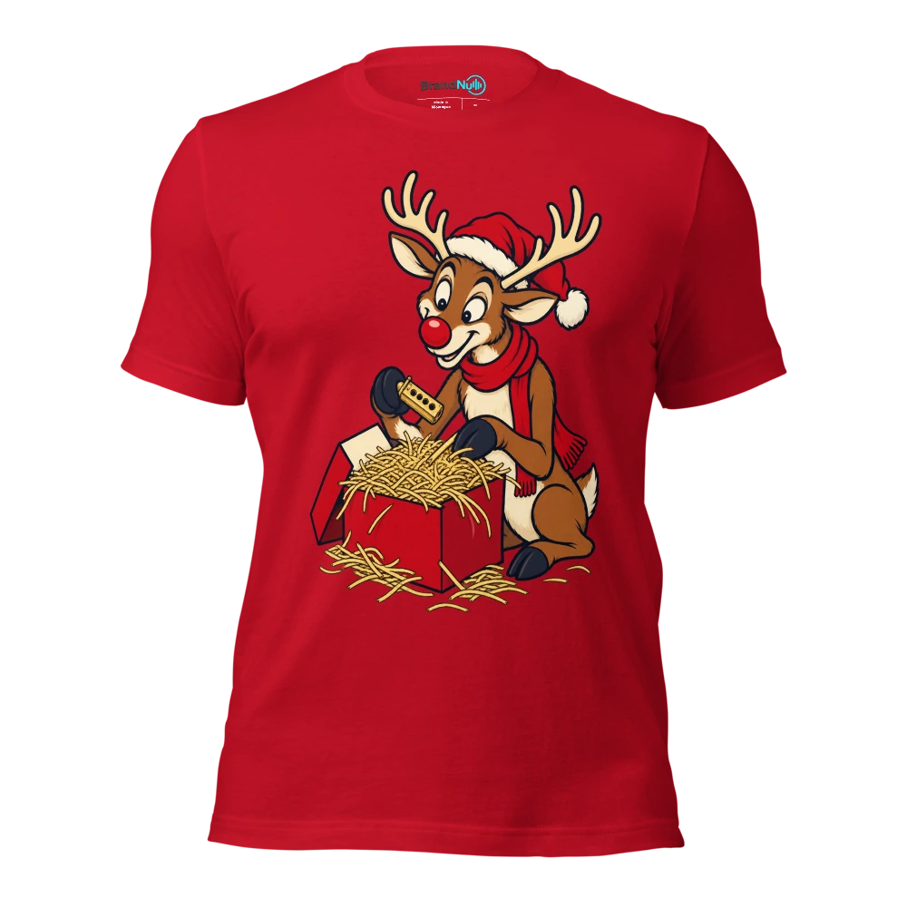 Reindeer carefully packing a tiny pitch pipe in hay T Shirt Red Front