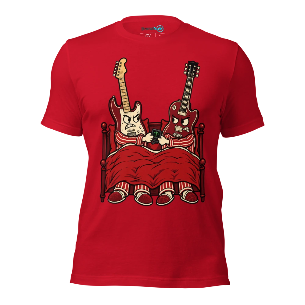 WE SHARE A BED NOT A GUITAR TUNER T Shirt Red Front