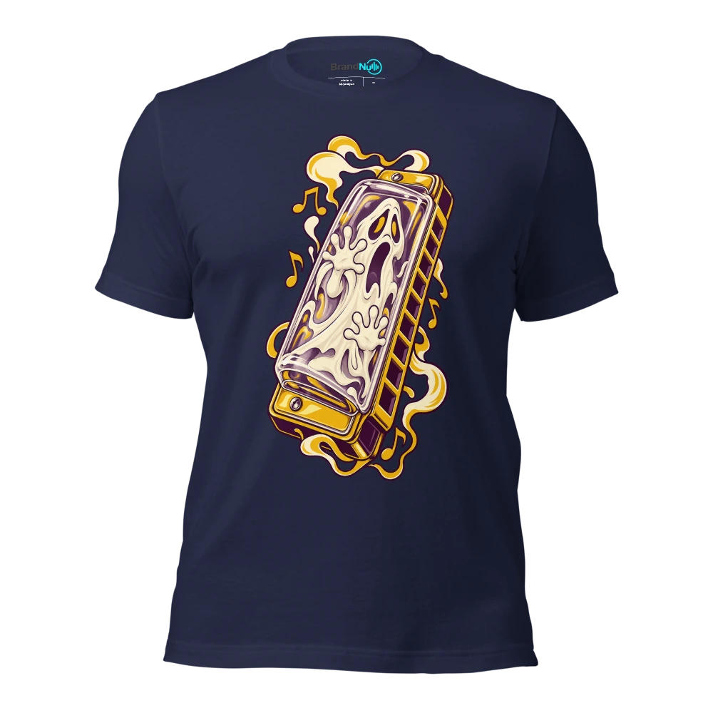 A ghost trapped inside a transparent harmonica T Shirt Navy Front