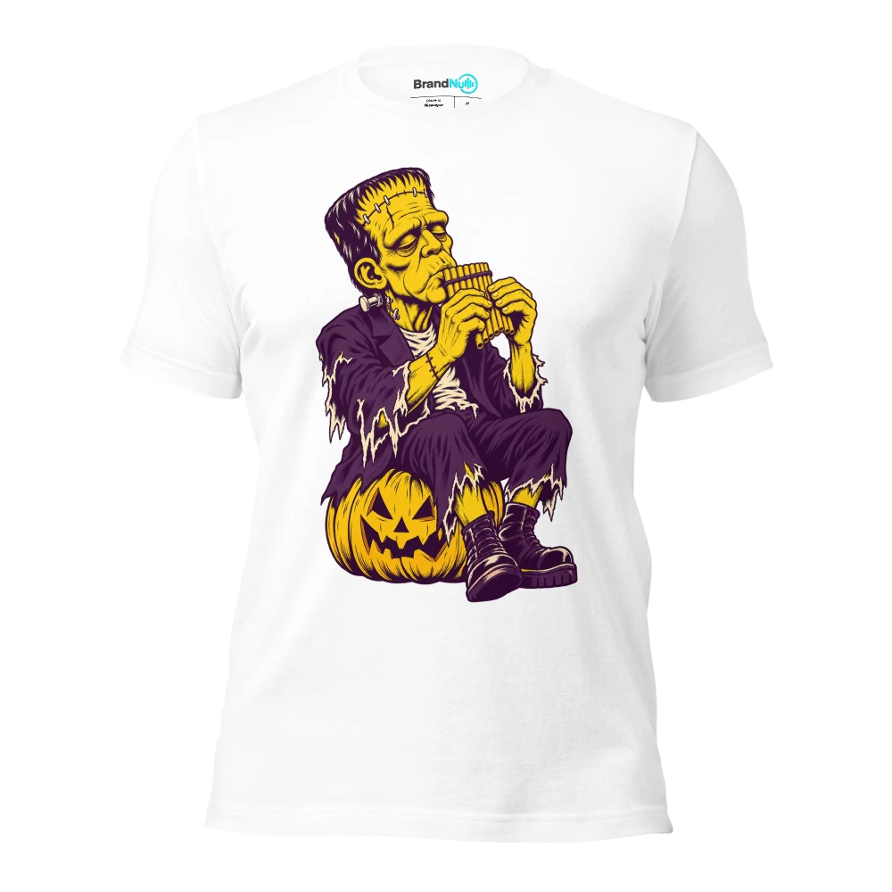 Monster carefully blowing across a tiny panpipe T Shirt White Front