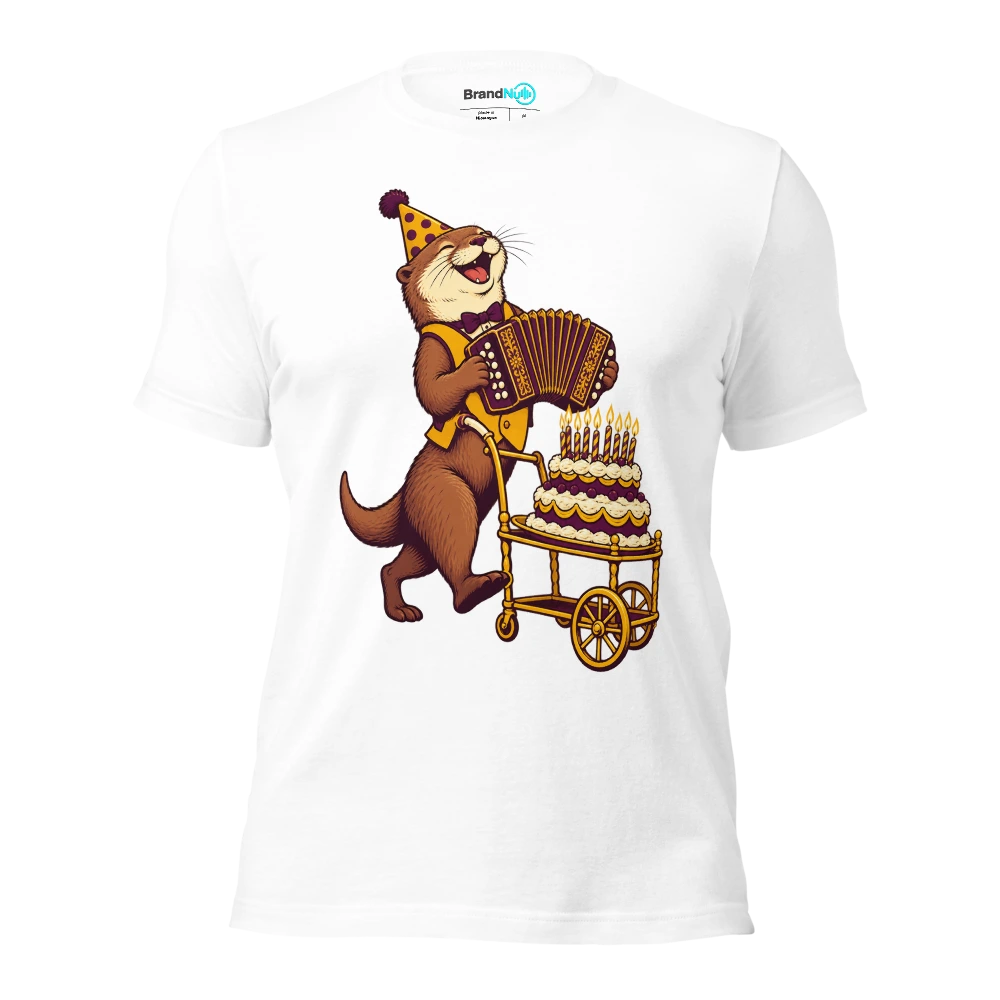 Birthday otter carrying a concertina on a cake trolley T Shirt White Front