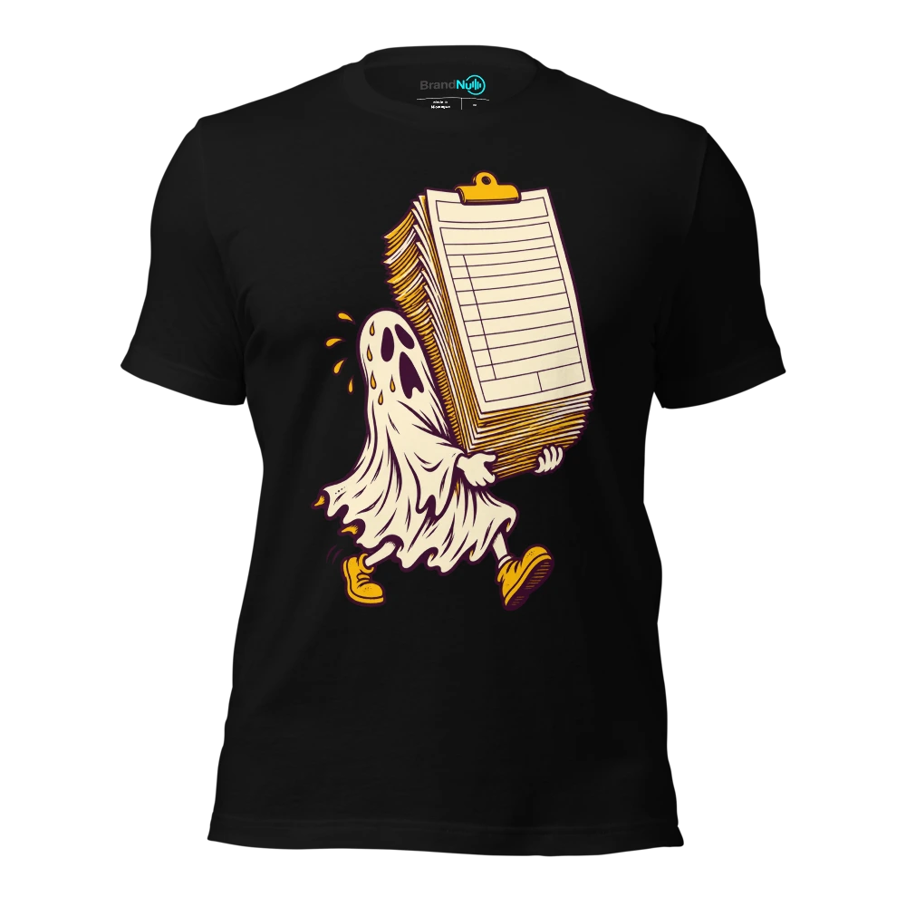 Ghost carrying an enormous blank instrument insurance form T Shirt Black Front