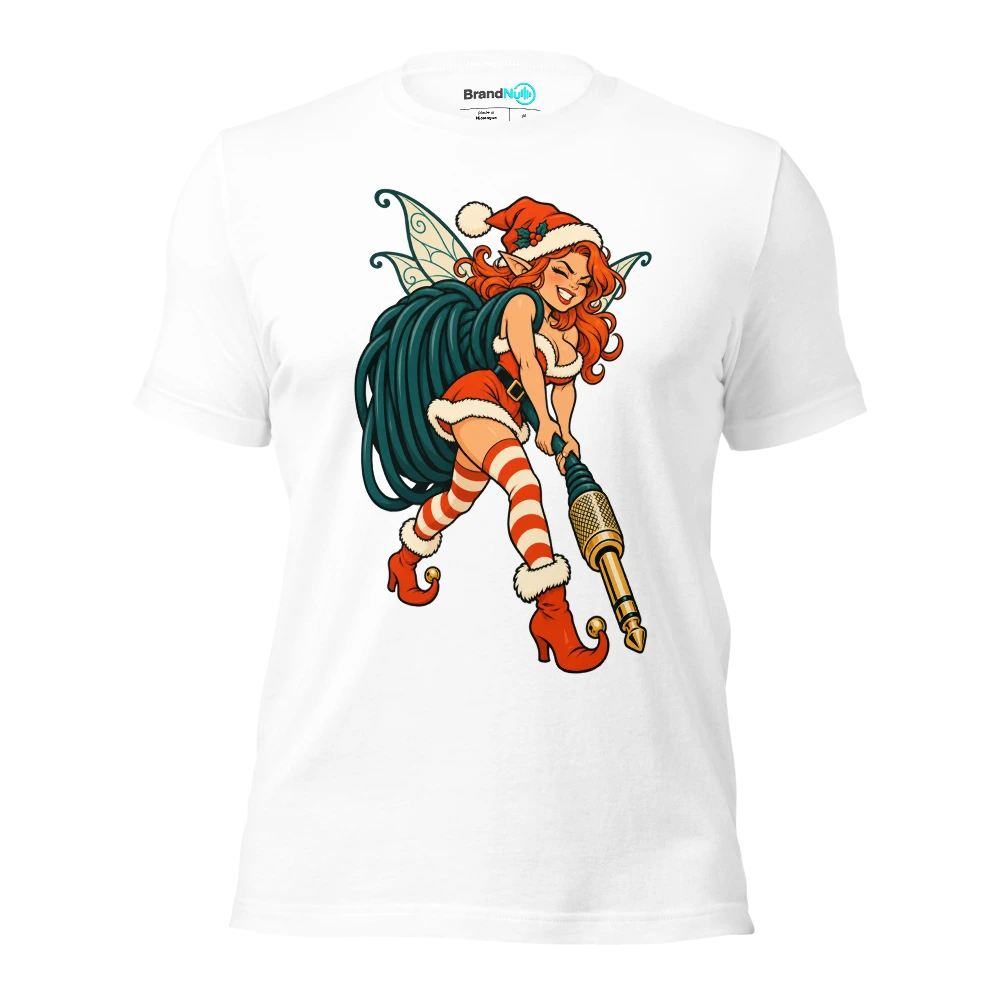 A festive fairy hauling an amplifier cable larger than itself T Shirt White Front