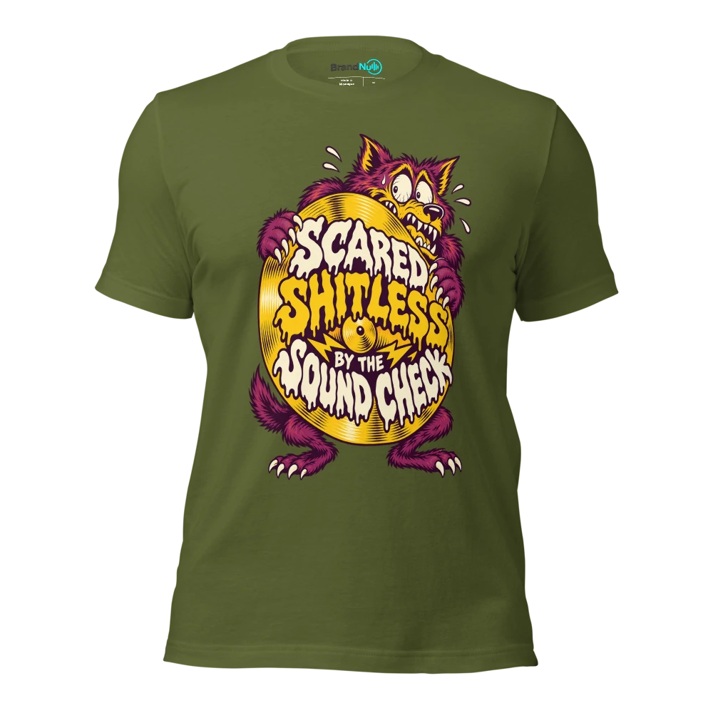 SCARED SHITLESS BY THE SOUND CHECK T Shirt Olive Front