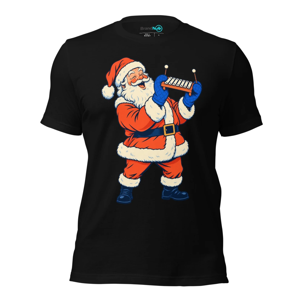 Santa lifting a tiny glockenspiel with oven gloves T Shirt Black Front