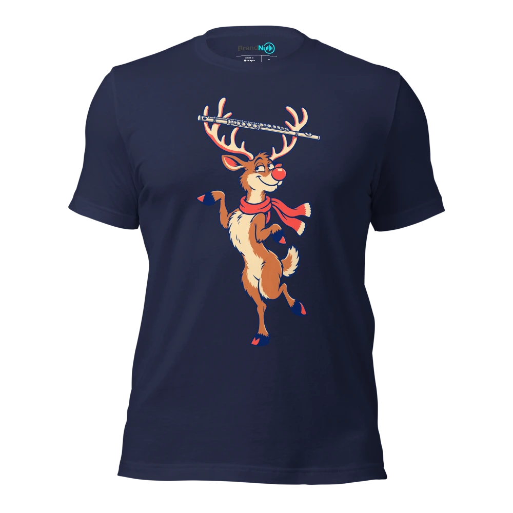 A reindeer balancing a delicate flute across its antlers T Shirt Navy Front
