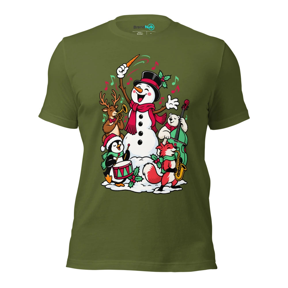 A snowman using a carrot as a conductor baton T Shirt Olive Front