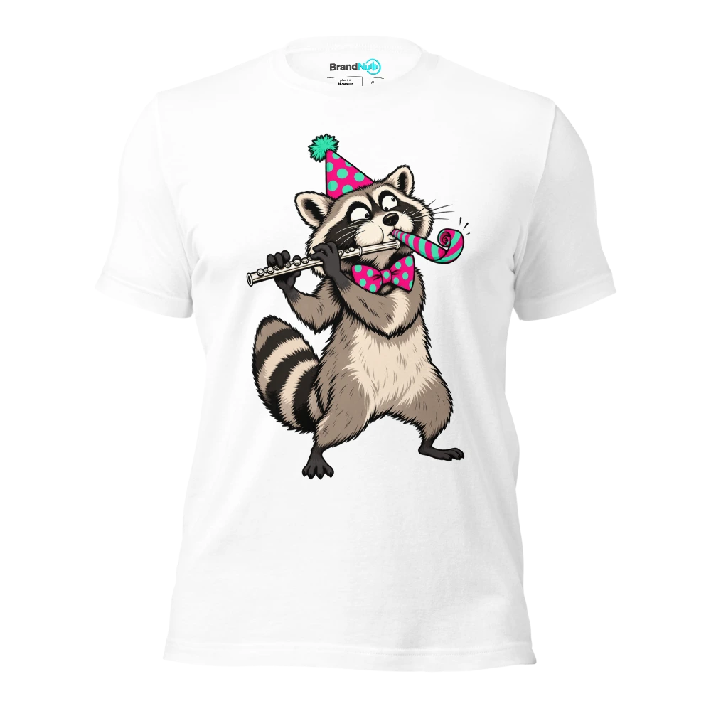 Raccoon trying to play a flute while wearing a party blower T Shirt White Front