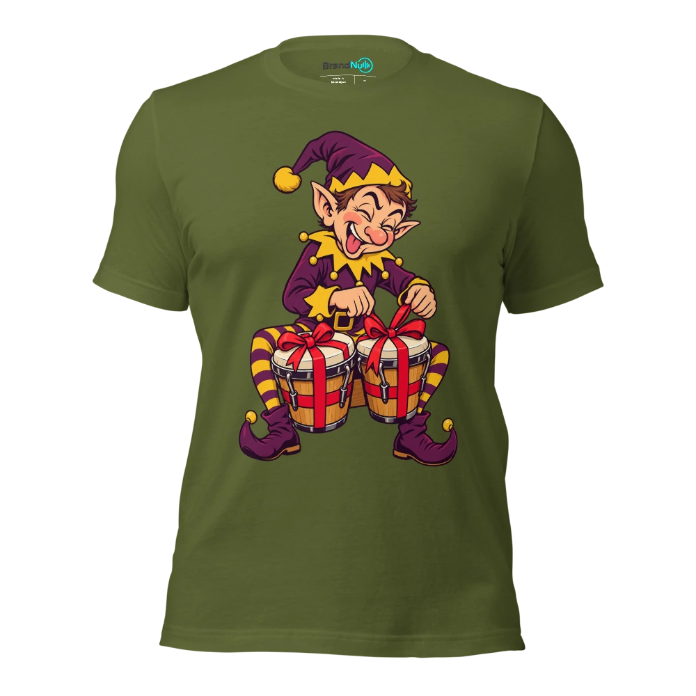 Elf tying gift bows around a pair of bongos T Shirt Olive Front