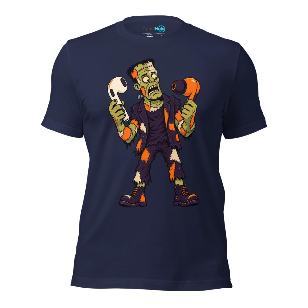 THE PATCHWORK MONSTER HAS MISMATCHED EARBUDS T Shirt Navy Front