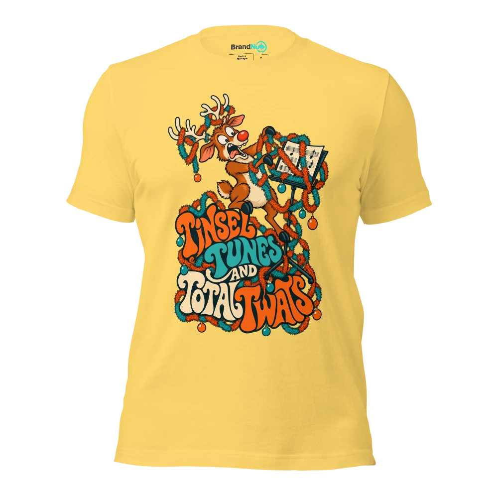 TINSEL TUNES AND TOTAL TWATS T Shirt Yellow Front