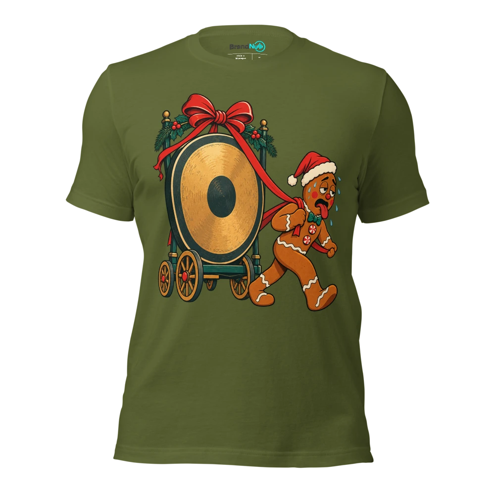 Gingerbread musician dragging a huge gong on a ribbon T Shirt Olive Front