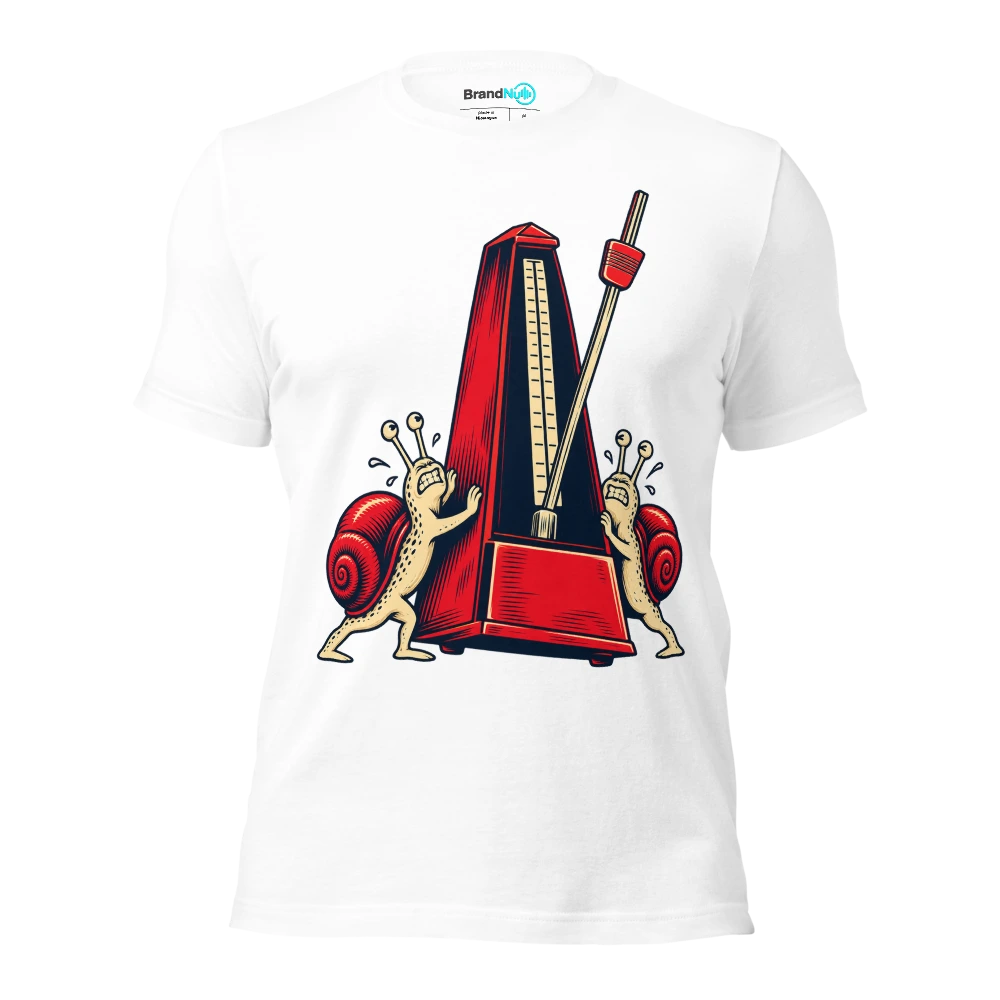 Two snails pushing one enormous metronome together T Shirt White Front
