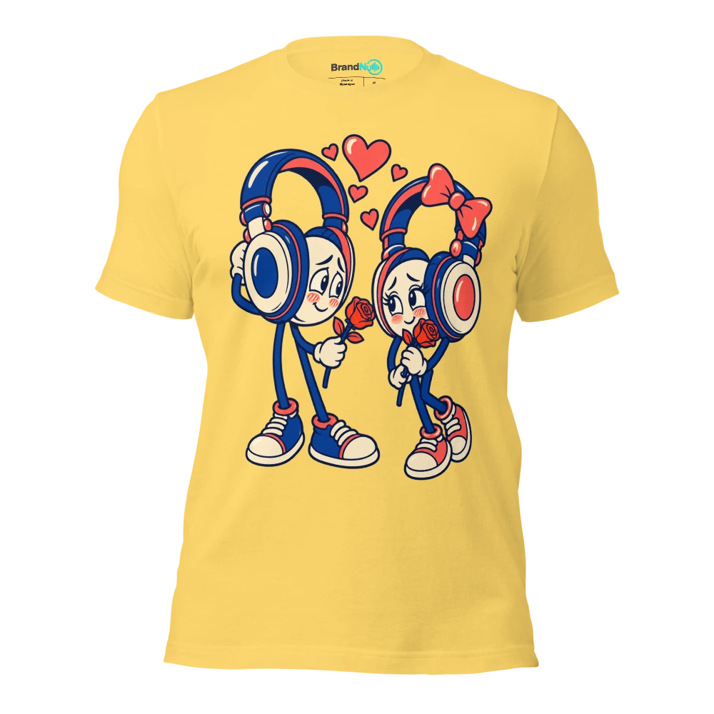 Two shy headphones offering each other a single rose T Shirt Yellow Front