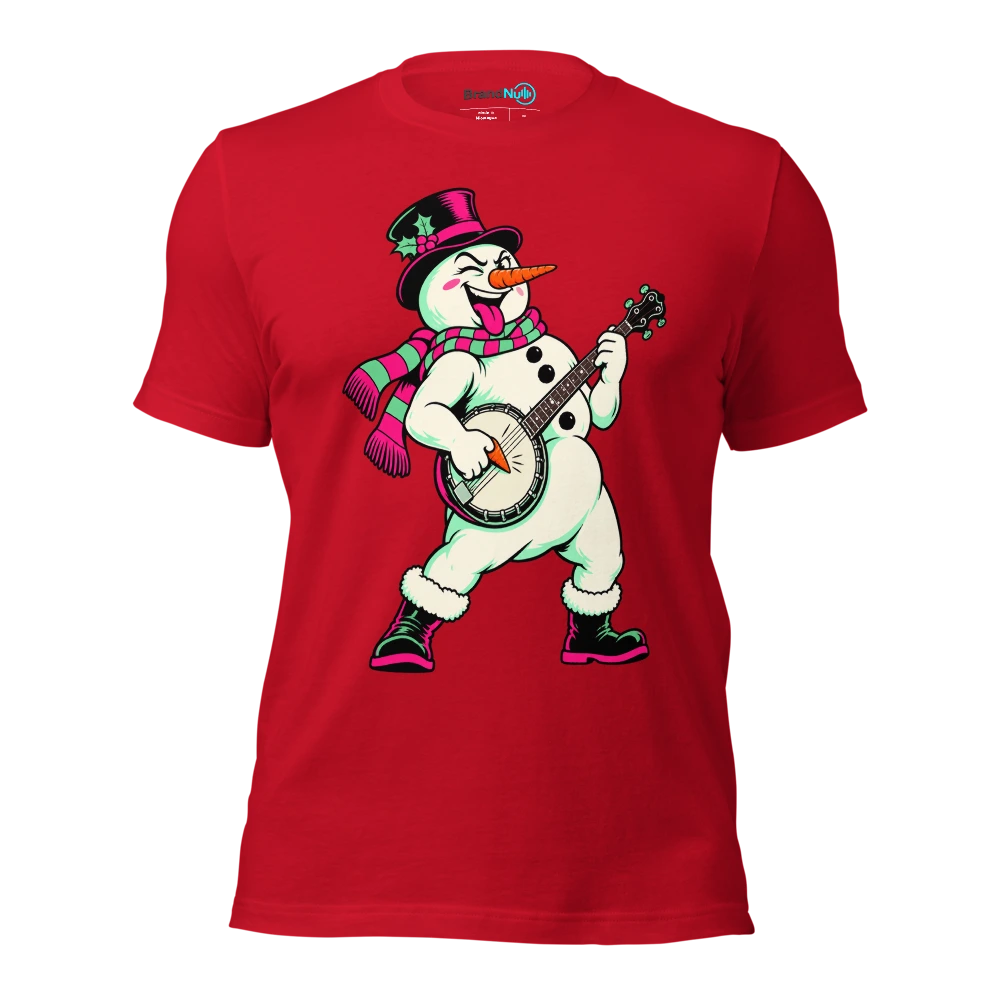 Snowman plucking a banjo with a carrot shaped pick T Shirt Red Front