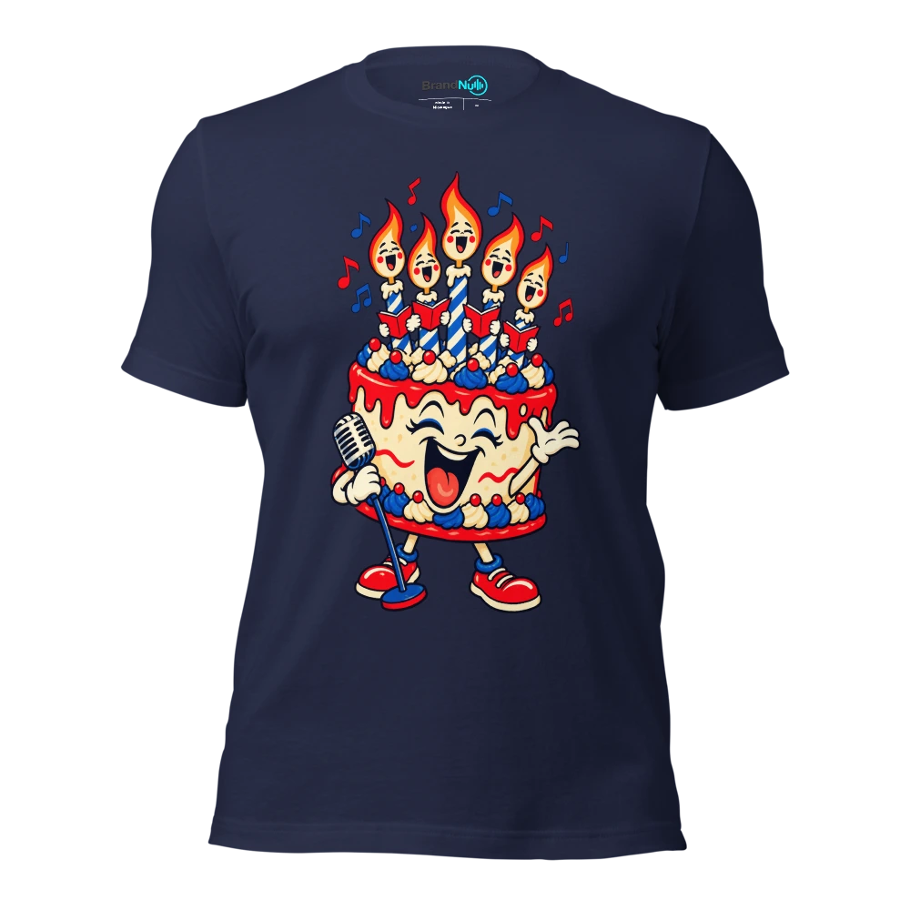 A birthday cake using candle flames as a tiny choir T Shirt Navy Front