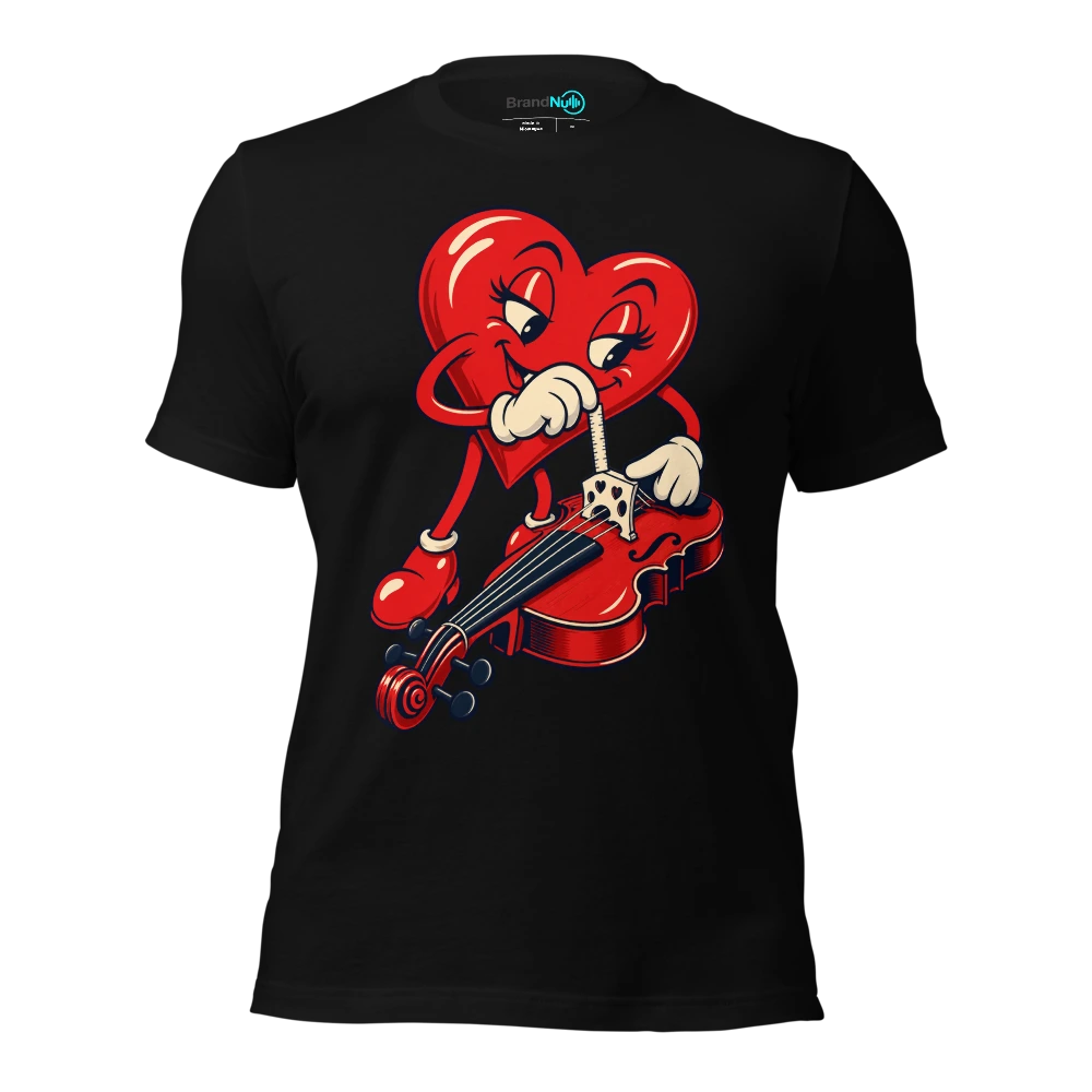 Heart mascot measuring a violin bridge with a tiny ruler T Shirt Black Front