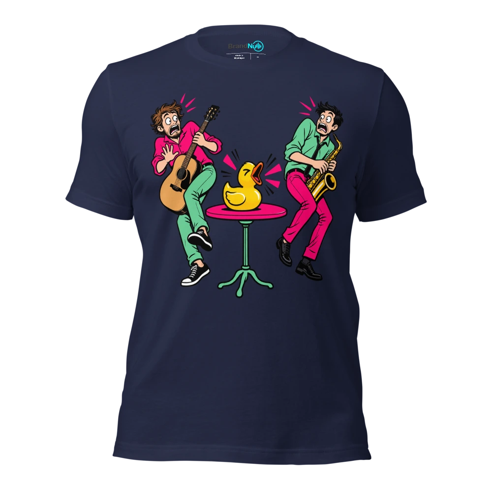 Couple leaning away from an unexpectedly loud squeaky toy T Shirt Navy Front