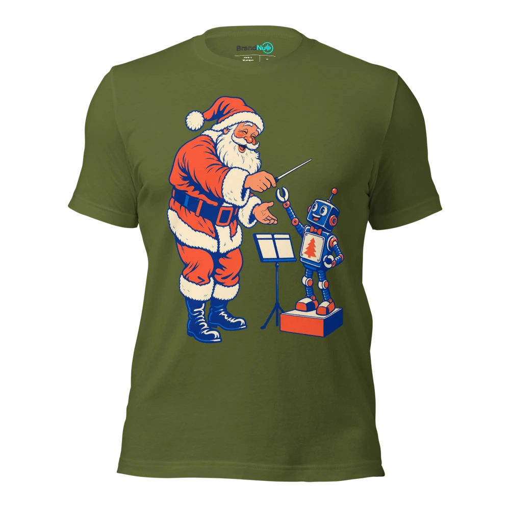 Santa conductor handing his baton to a toy robot T Shirt Olive Front
