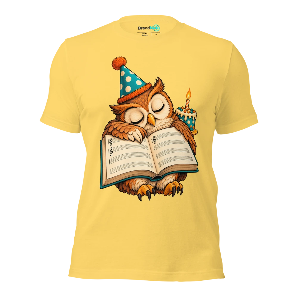 Birthday owl sleeping on an open blank music book T Shirt Yellow Front