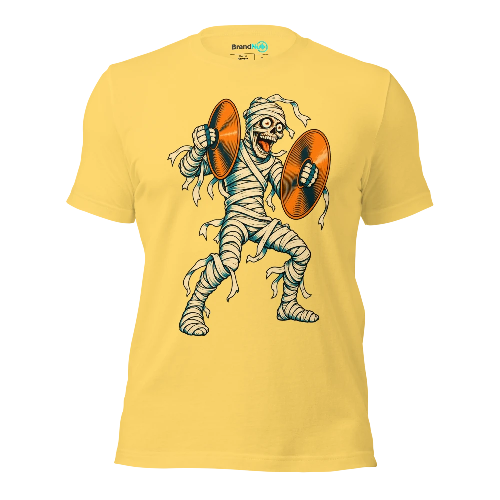 Mummy attempting to clap while holding two cymbals T Shirt Yellow Front