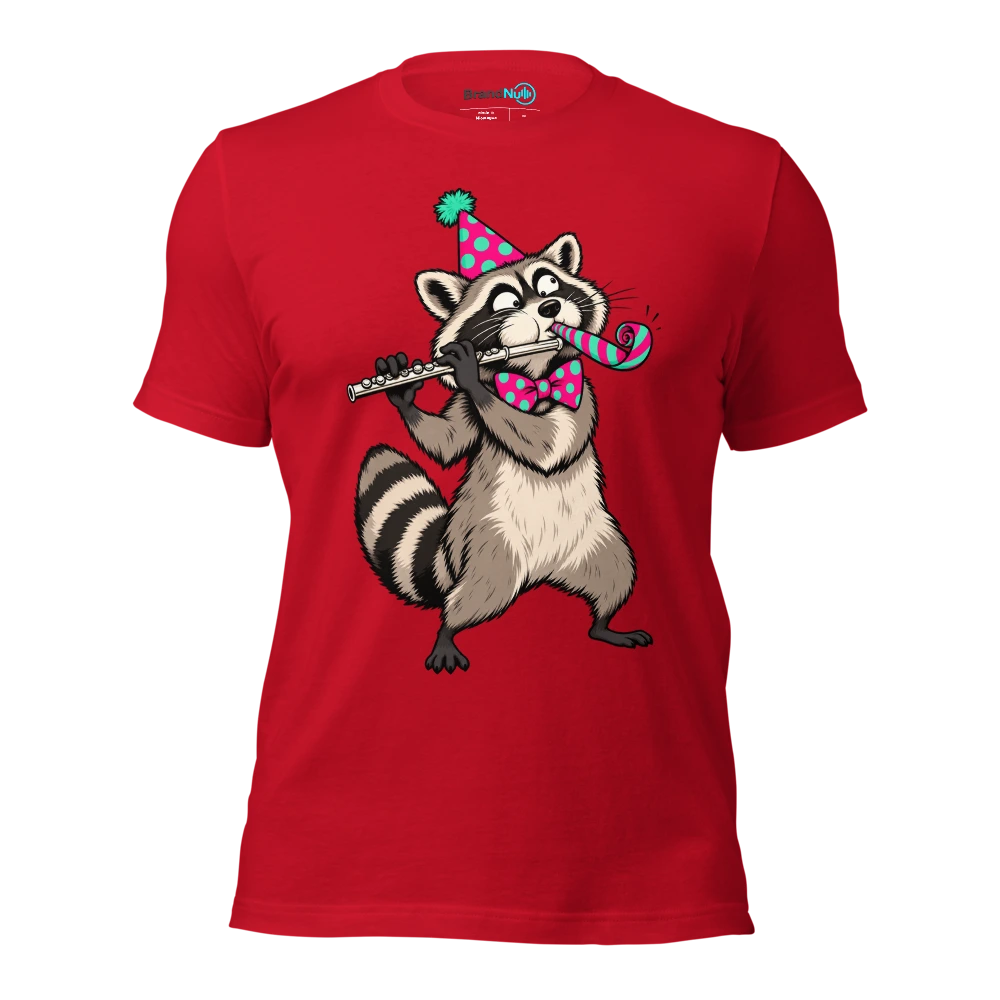 Raccoon trying to play a flute while wearing a party blower T Shirt Red Front