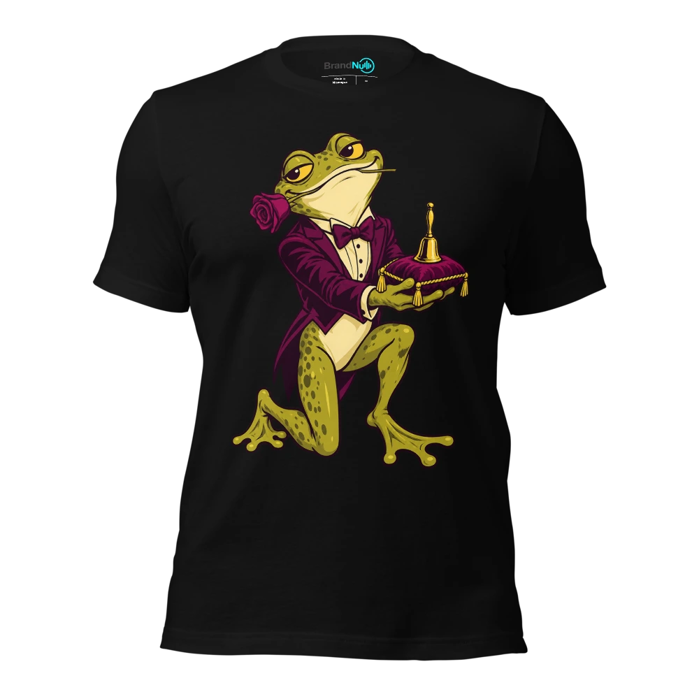 Frog offering a tiny handbell on a velvet cushion T Shirt Black Front