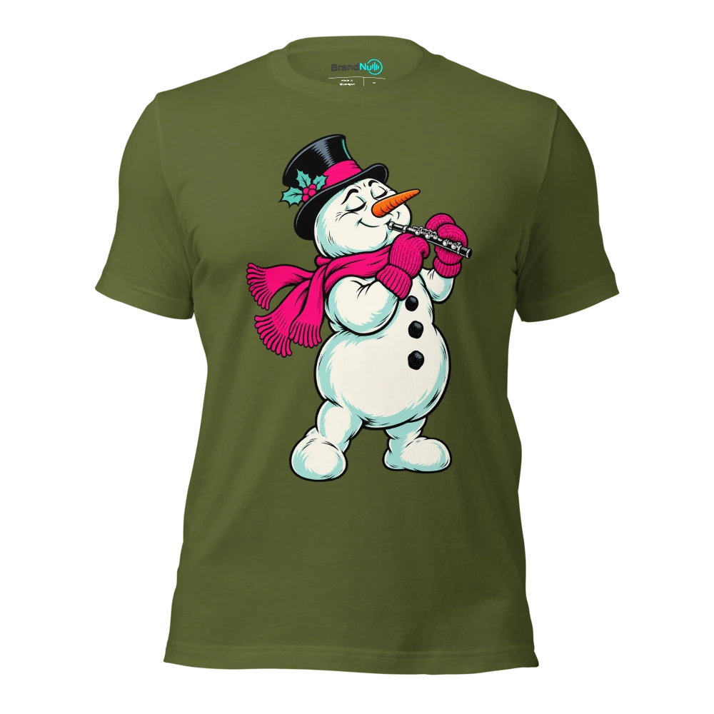 Snowman holding a piccolo with thick wool mittens T Shirt Olive Front