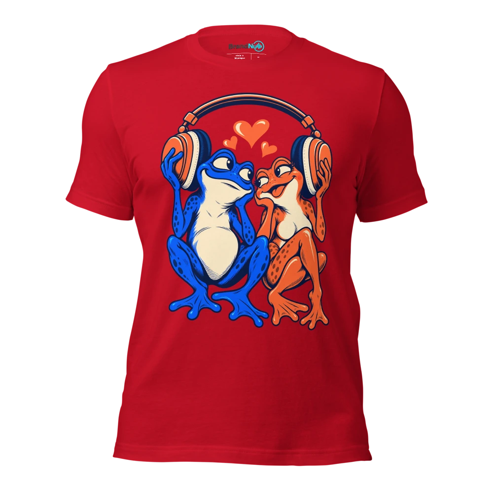 Two frogs sharing a huge pair of headphones at opposite ends T Shirt Red Front