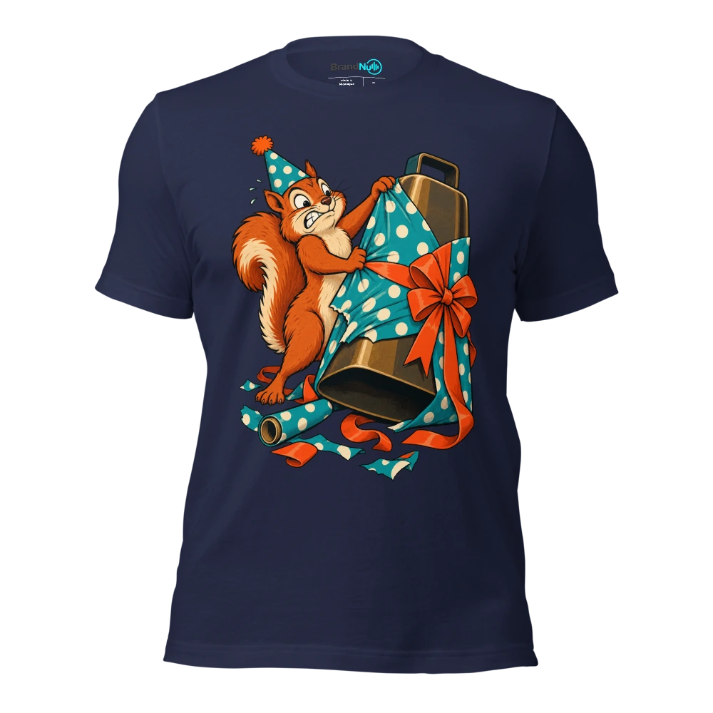 Birthday squirrel struggling to wrap an enormous cowbell T Shirt Navy Front