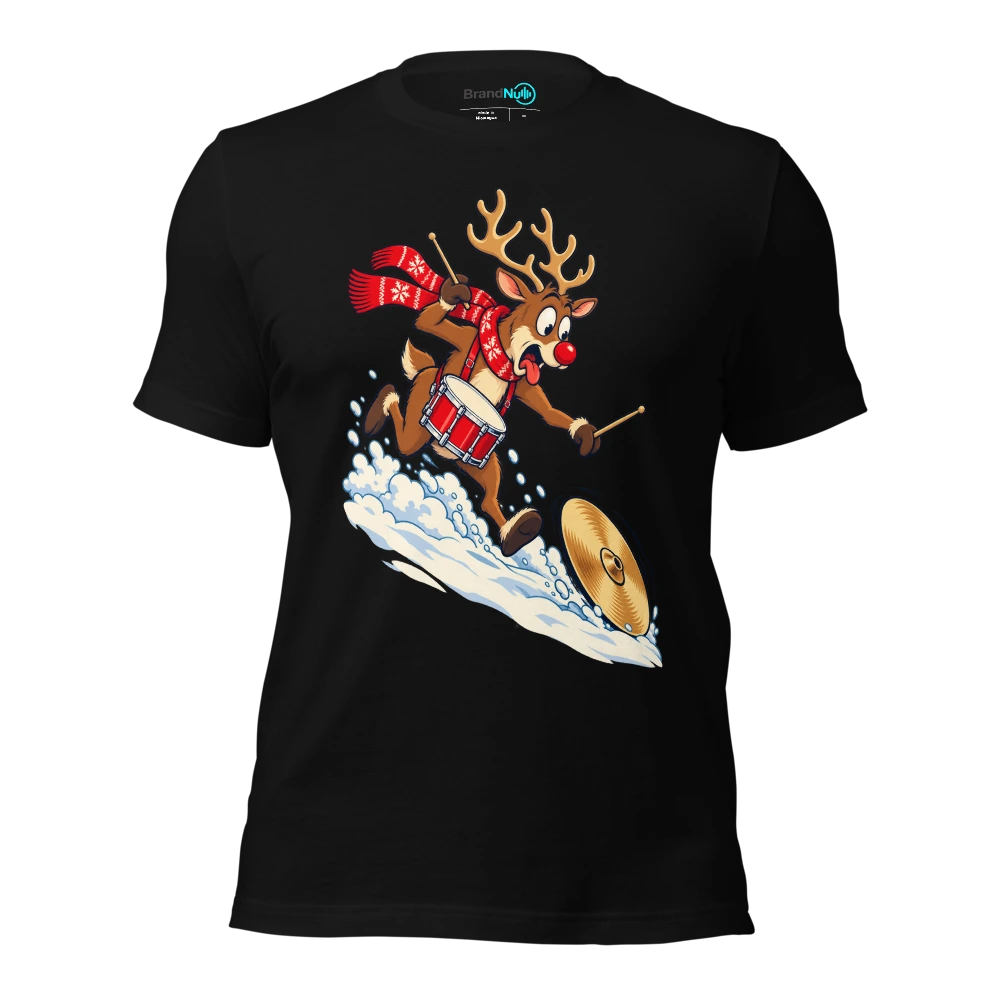 Reindeer drummer chasing a cymbal down a snowy hill T Shirt Black Front