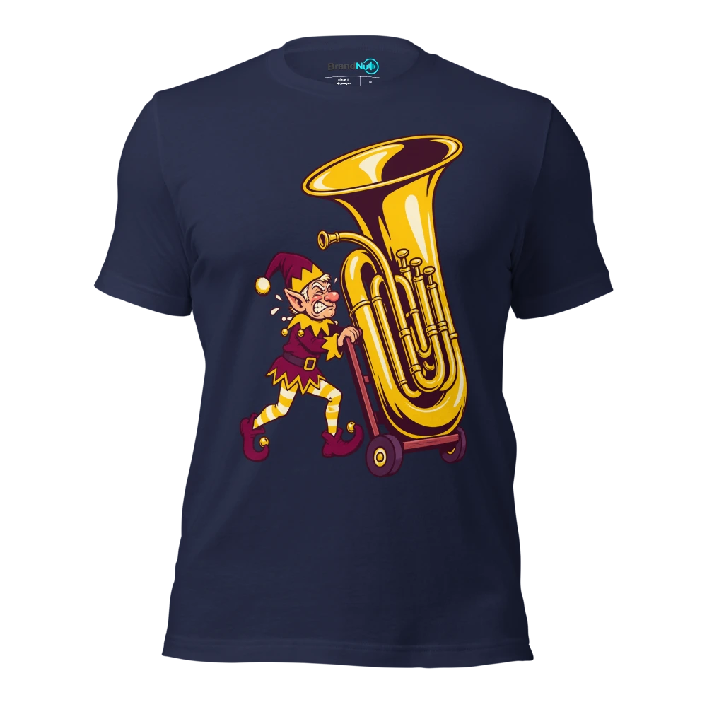Elf pushing an enormous tuba on a toy trolley T Shirt Navy Front