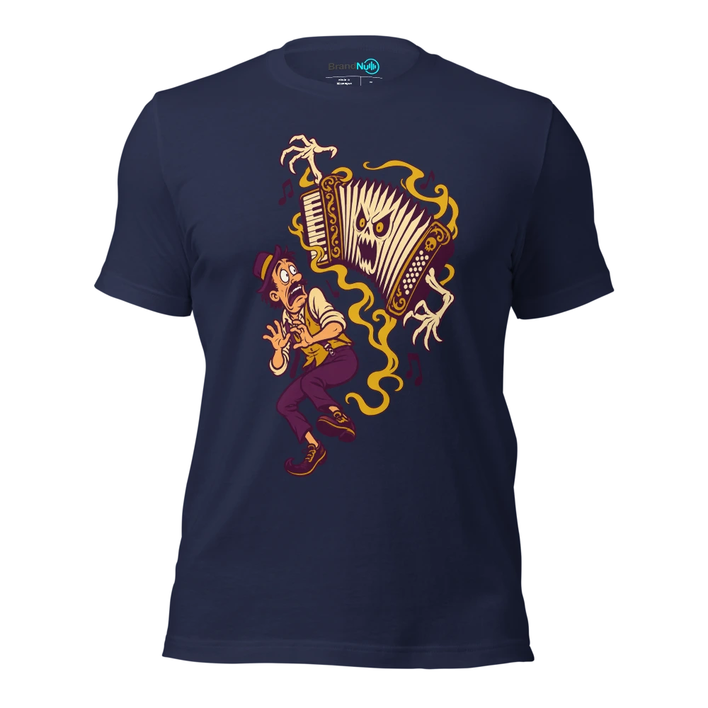 A haunted accordion expanding while its nervous owner retreats T Shirt Navy Front